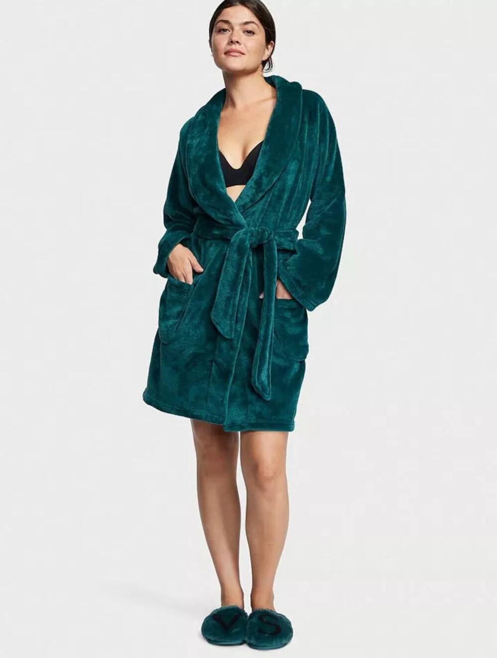 Victoria's Secret Logo XS/ S Robe Plush Fleece Emerald Green Christmas